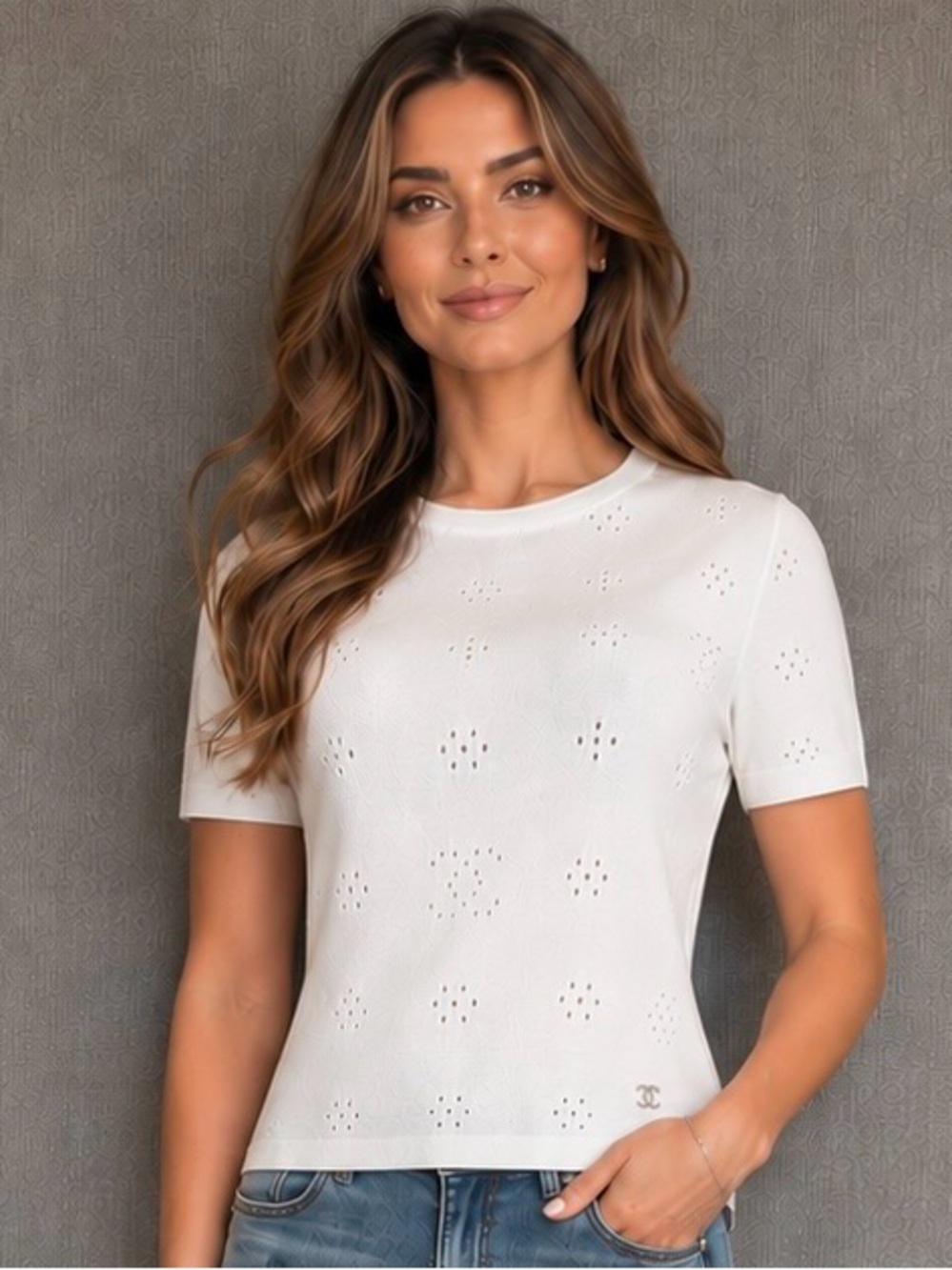 Chanel White Eyelet Knit Short Sleeve Top